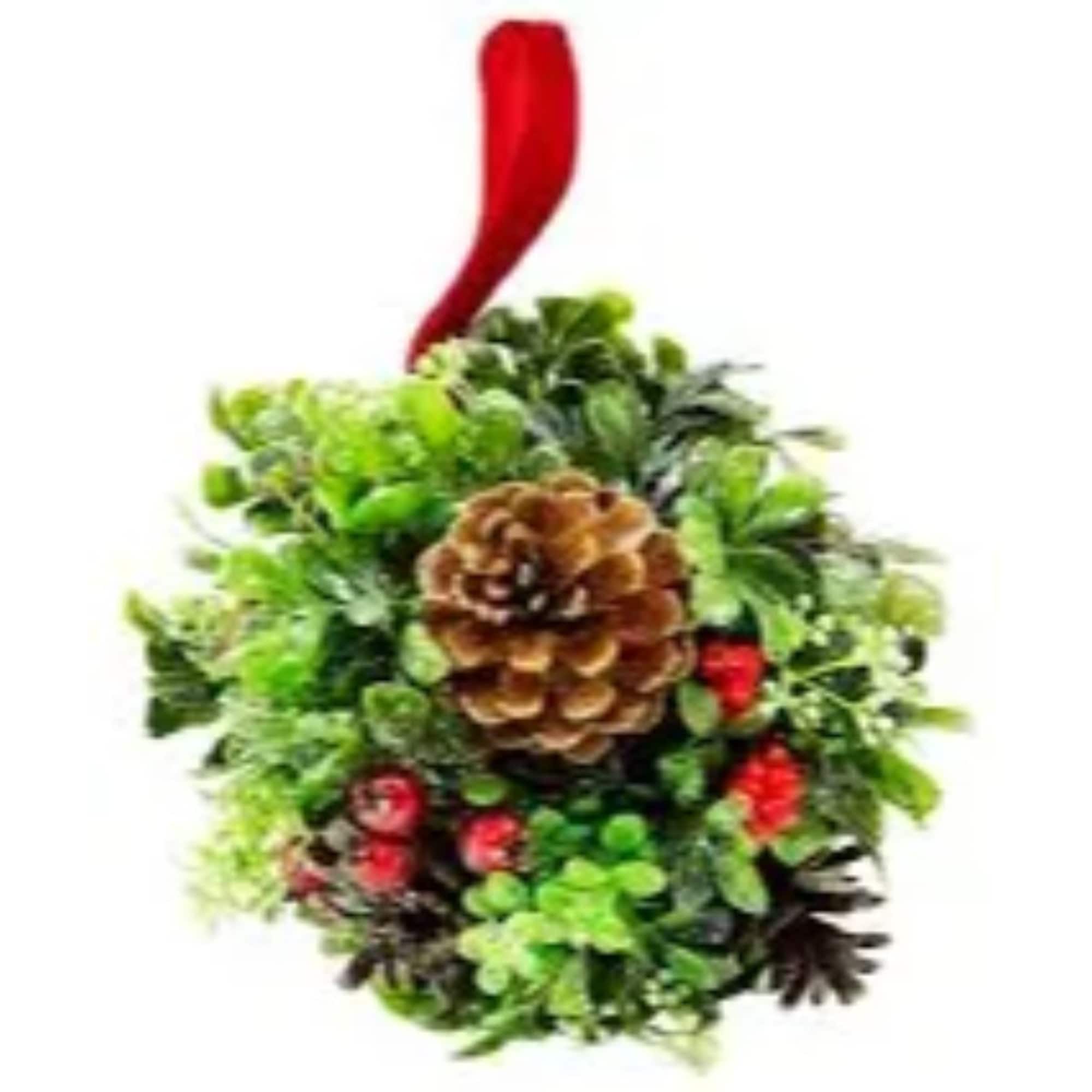 7" Green & Red Glitter Berry Pine Cone Topiary Ball Ornament